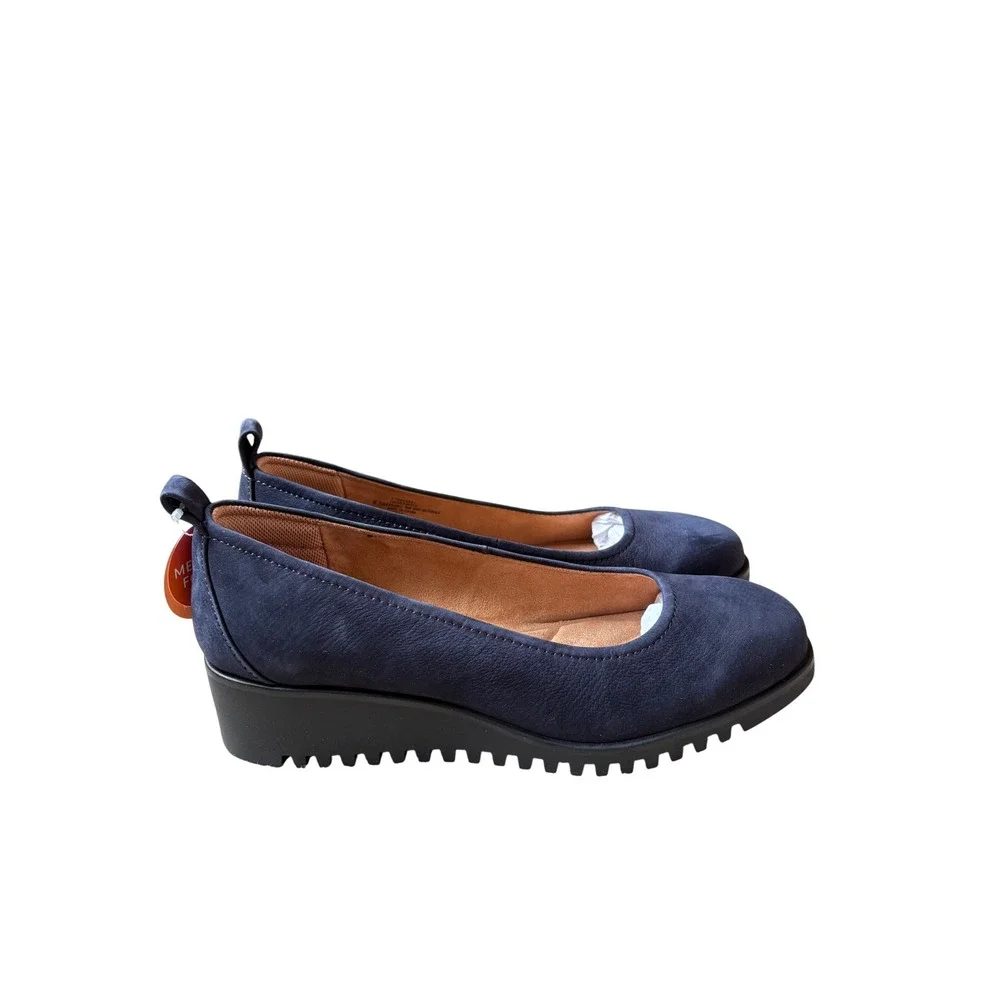 Comfortiva Navy‎ Blue Leather Wedge Pumps Pillowtop Memory Foam Size 8.5M New